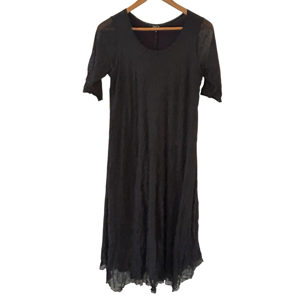 Comfy USA Crinkle Midi Dress Womens S Black Boho Sheer‎ Lagenlook Travel Coastal
